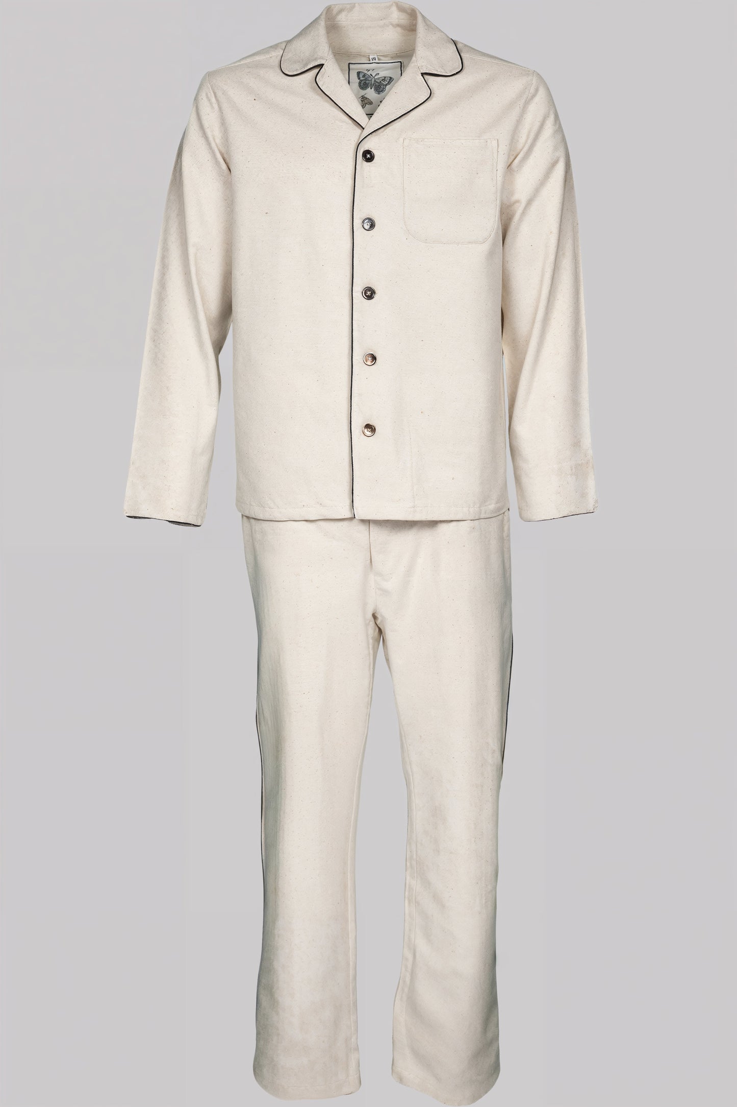 PYJAMA NATURAL with black braiding 100% COTTON Herringbone-Thick, Brushed-in/outside