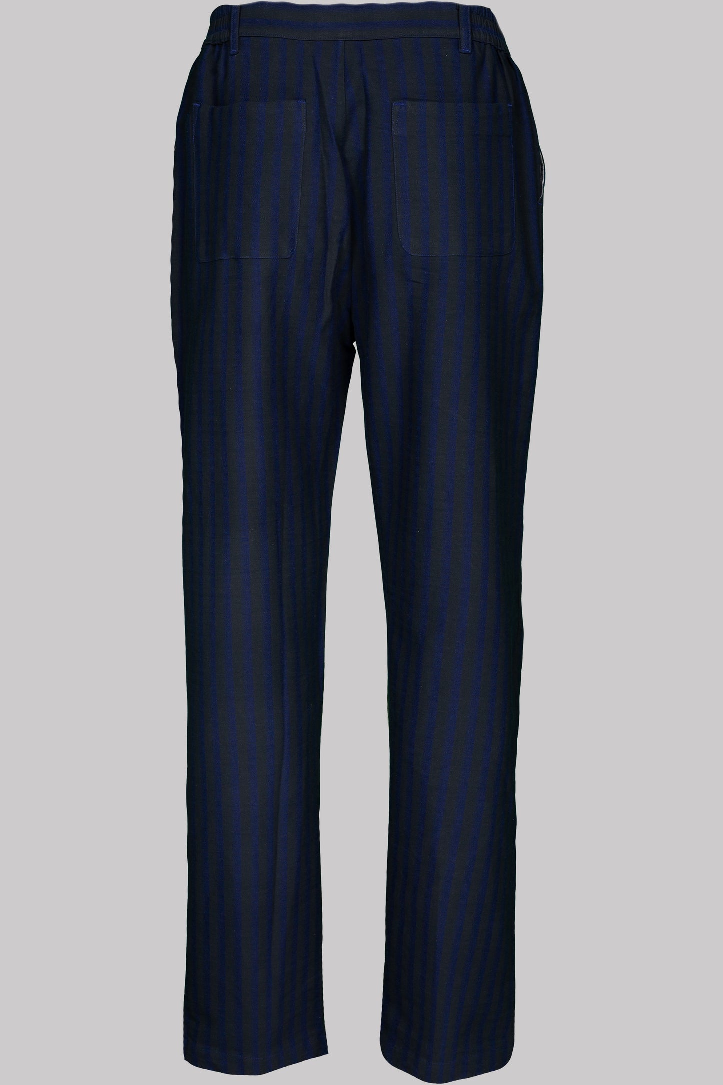 BUTTON-TROUSERS BLUE-Black 100% COTTON Herringbone-Thick, Brushed-inside Broad-Stripes screen-print